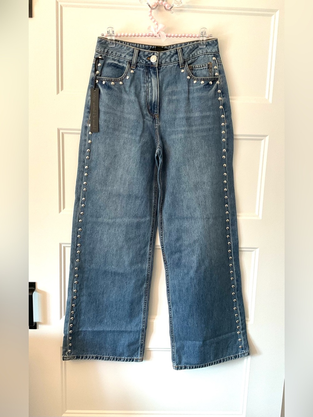 House of Harlow 1960 Light Blue Wide-Leg Jeans with Silver Stud Trim